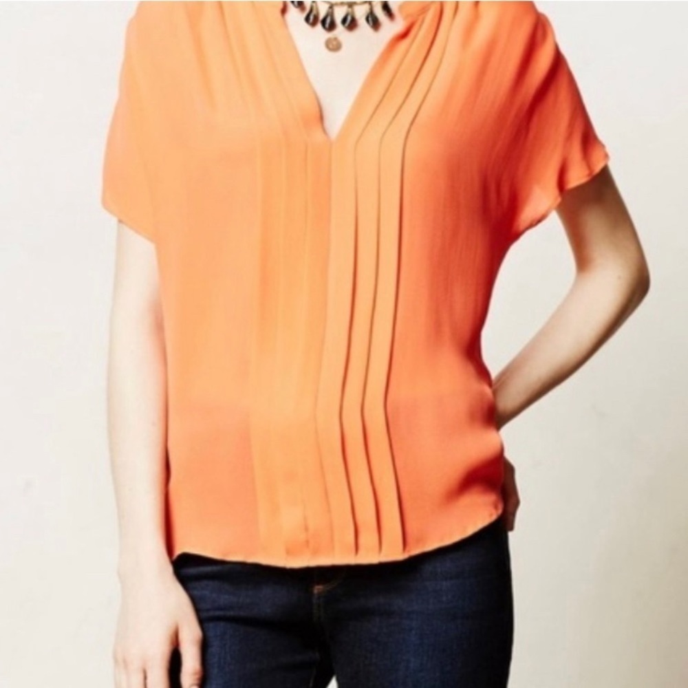Anthropologie La Fèe Verte salmon pink pin tuck front cap sleeve silk blouse